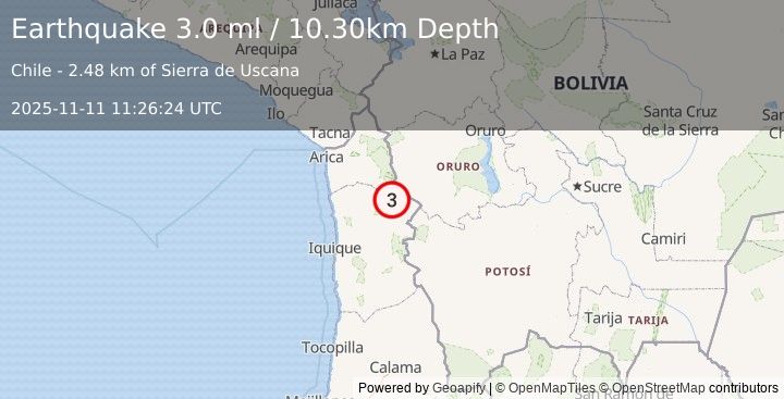 Earthquake TARAPACA, CHILE (3.0 ml) (2025-11-11 11:26:24 UTC)