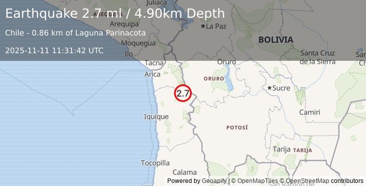 Earthquake TARAPACA, CHILE (2.7 ml) (2025-11-11 11:31:42 UTC)