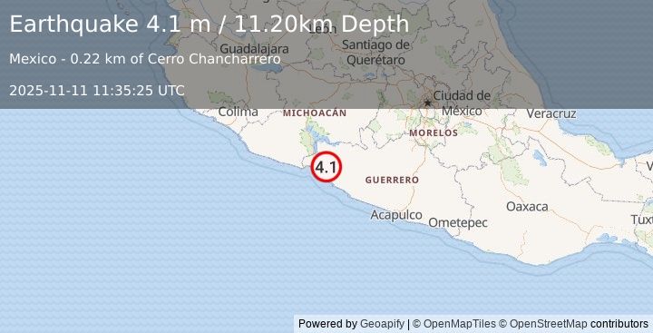 Earthquake GUERRERO, MEXICO (4.1 m) (2025-11-11 11:35:25 UTC)