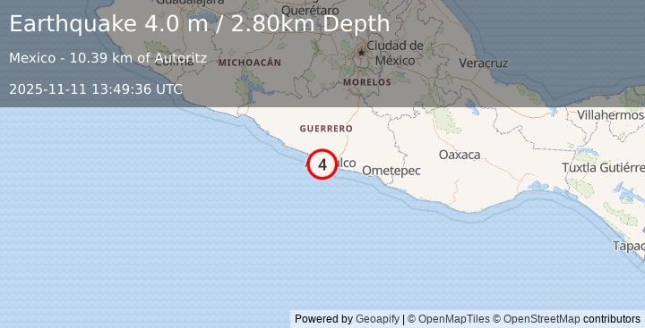Earthquake OFFSHORE GUERRERO, MEXICO (4.0 m) (2025-11-11 13:49:36 UTC)