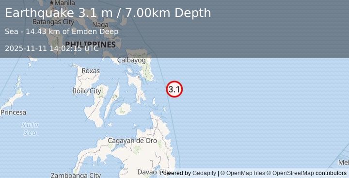 Earthquake PHILIPPINE ISLANDS REGION (3.1 m) (2025-11-11 14:02:15 UTC)