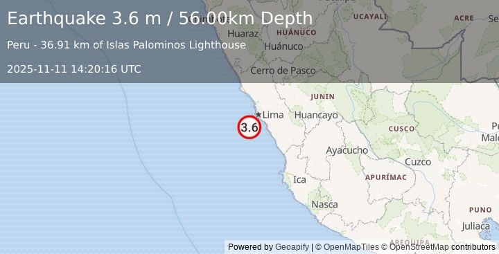 Earthquake NEAR COAST OF CENTRAL PERU (3.6 m) (2025-11-11 14:20:16 UTC)
