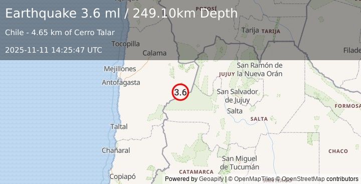 Earthquake ANTOFAGASTA, CHILE (3.6 ml) (2025-11-11 14:25:47 UTC)
