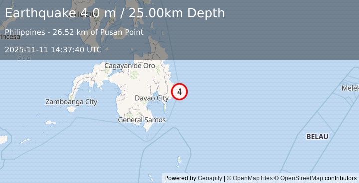 Earthquake MINDANAO, PHILIPPINES (4.0 m) (2025-11-11 14:37:40 UTC)