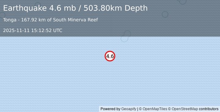 Earthquake SOUTH OF FIJI ISLANDS (4.6 mb) (2025-11-11 15:12:52 UTC)