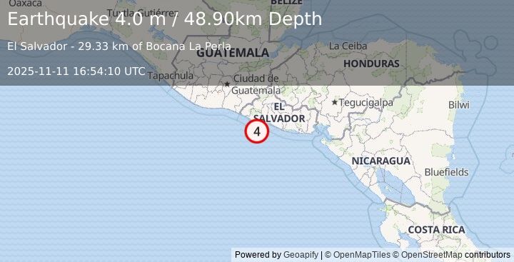 Earthquake OFFSHORE EL SALVADOR (4.0 m) (2025-11-11 16:54:10 UTC)