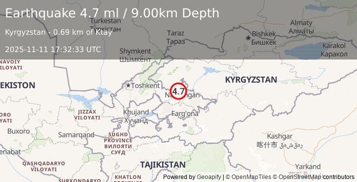 Earthquake EASTERN UZBEKISTAN (4.5 mb) (2025-11-11 17:32:38 UTC)