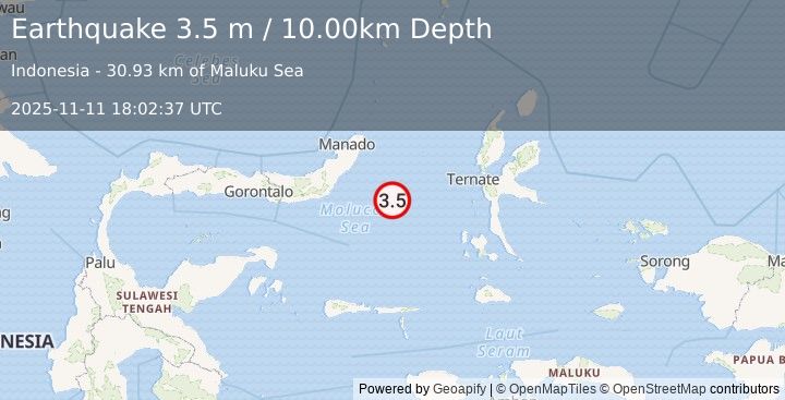 Earthquake MOLUCCA SEA (3.5 m) (2025-11-11 18:02:37 UTC)