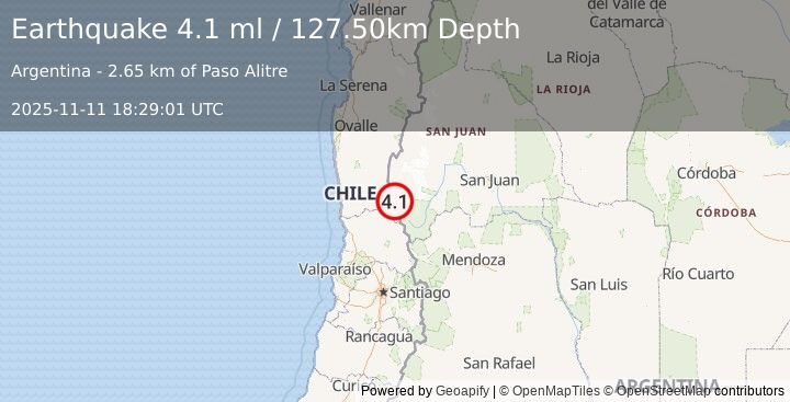 Earthquake COQUIMBO, CHILE (4.1 ml) (2025-11-11 18:29:01 UTC)