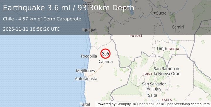 Earthquake ANTOFAGASTA, CHILE (3.6 ml) (2025-11-11 18:58:20 UTC)