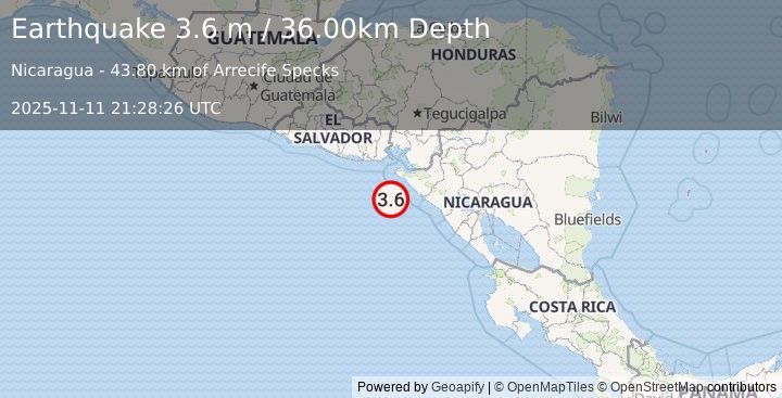 Earthquake NEAR COAST OF NICARAGUA (3.6 m) (2025-11-11 21:28:26 UTC)