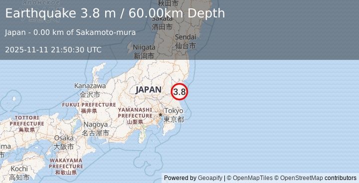 Earthquake NEAR EAST COAST OF HONSHU, JAPAN (3.8 m) (2025-11-11 21:50:30 UTC)