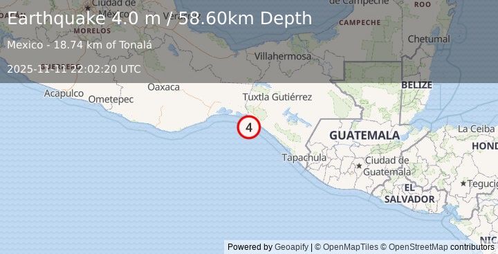 Earthquake OFFSHORE CHIAPAS, MEXICO (4.0 m) (2025-11-11 22:02:20 UTC)