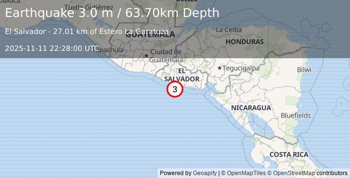 Earthquake OFFSHORE EL SALVADOR (3.0 m) (2025-11-11 22:28:00 UTC)