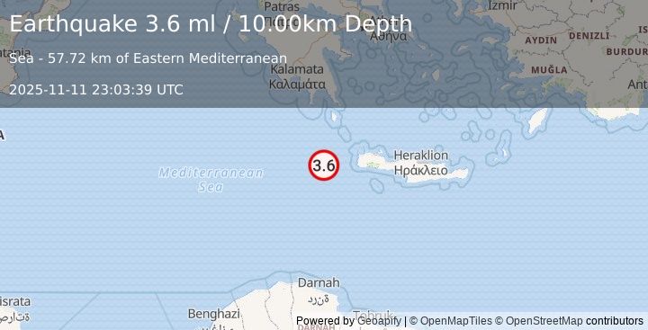 Earthquake CENTRAL MEDITERRANEAN SEA (3.6 ml) (2025-11-11 23:03:42 UTC)