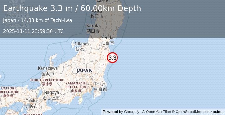 Earthquake NEAR EAST COAST OF HONSHU, JAPAN (3.3 m) (2025-11-11 23:59:30 UTC)