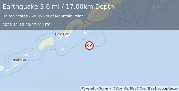 Earthquake ALASKA PENINSULA (3.6 ml) (2025-11-12 00:07:01 UTC)