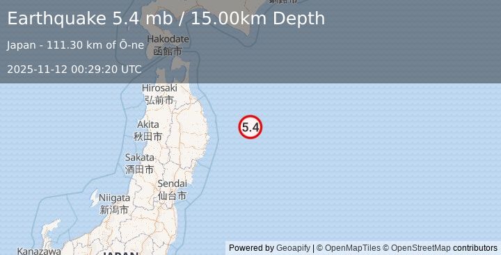 Earthquake OFF EAST COAST OF HONSHU, JAPAN (5.4 mw) (2025-11-12 00:29:23 UTC)