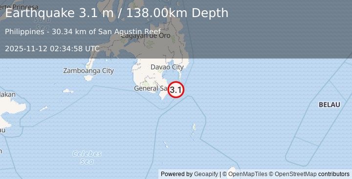 Earthquake MINDANAO, PHILIPPINES (3.1 m) (2025-11-12 02:34:58 UTC)