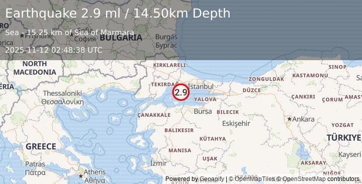 Earthquake WESTERN TURKEY (2.9 ml) (2025-11-12 02:48:38 UTC)
