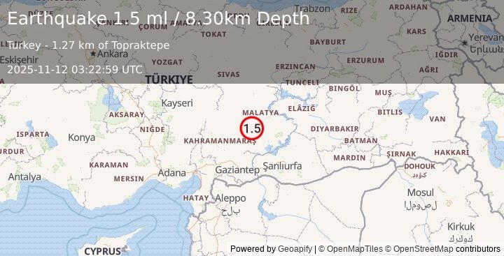 Earthquake CENTRAL TURKEY (1.5 ml) (2025-11-12 03:22:59 UTC)