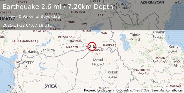 Earthquake TURKEY-SYRIA-IRAQ BORDER REGION (2.6 ml) (2025-11-12 04:07:17 UTC)
