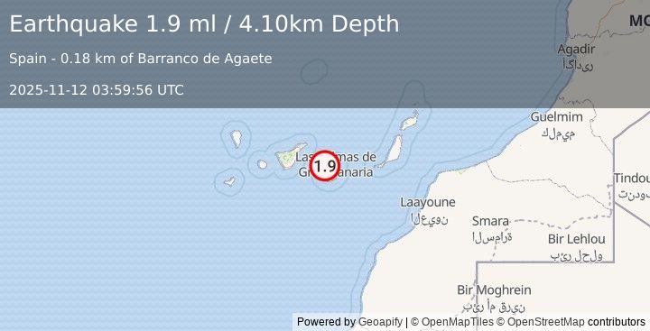 Earthquake CANARY ISLANDS, SPAIN REGION (1.9 ml) (2025-11-12 03:59:56 UTC)