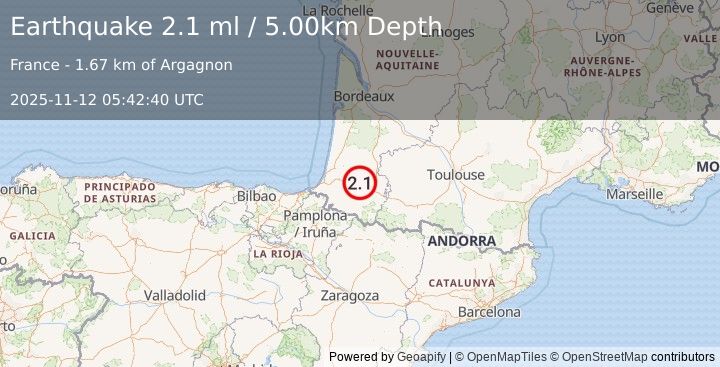 Earthquake PYRENEES (2.1 ml) (2025-11-12 05:42:40 UTC)