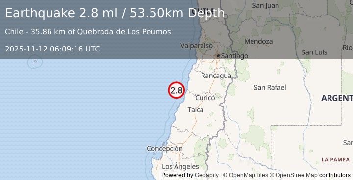 Earthquake OFFSHORE MAULE, CHILE (2.8 ml) (2025-11-12 06:09:16 UTC)