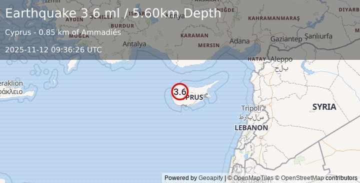 Earthquake CYPRUS REGION (3.6 ml) (2025-11-12 09:36:26 UTC)