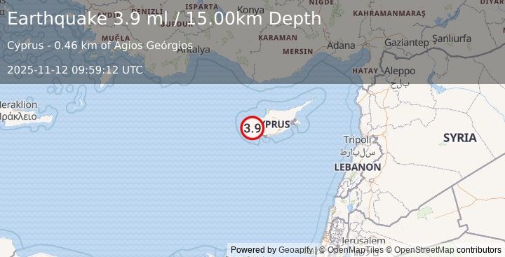 Earthquake CYPRUS REGION (3.9 ml) (2025-11-12 09:59:11 UTC)