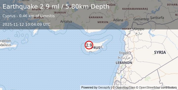 Earthquake CYPRUS REGION (3.0 ml) (2025-11-12 10:04:05 UTC)