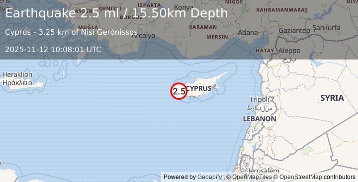 Earthquake CYPRUS REGION (2.5 ml) (2025-11-12 10:08:01 UTC)