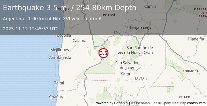 Earthquake JUJUY, ARGENTINA (3.5 ml) (2025-11-12 12:45:53 UTC)