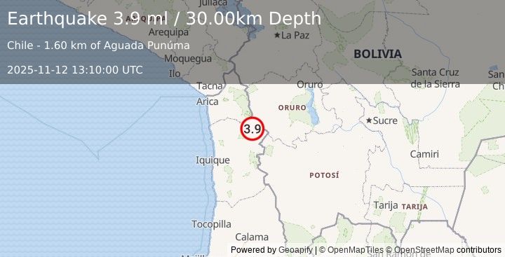Earthquake TARAPACA, CHILE (4.0 ml) (2025-11-12 13:10:02 UTC)