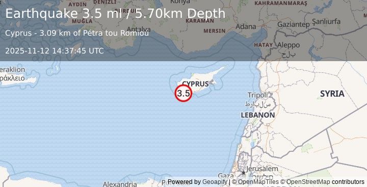 Earthquake CYPRUS REGION (3.5 ml) (2025-11-12 14:37:45 UTC)