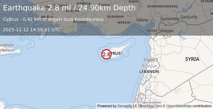 Earthquake CYPRUS REGION (2.8 ml) (2025-11-12 14:58:01 UTC)