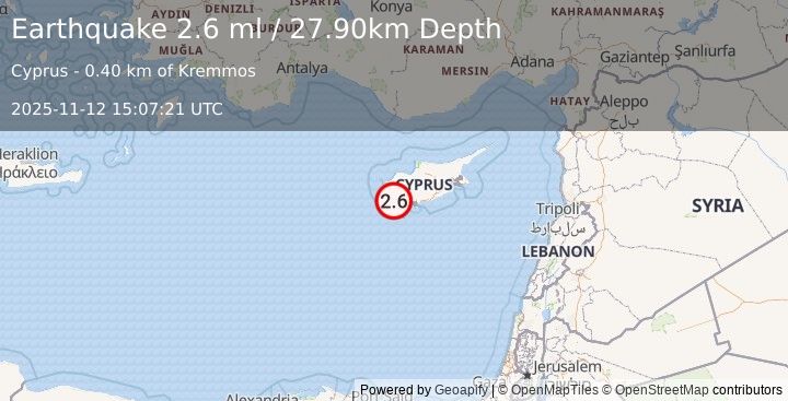 Earthquake CYPRUS REGION (2.6 ml) (2025-11-12 15:07:21 UTC)