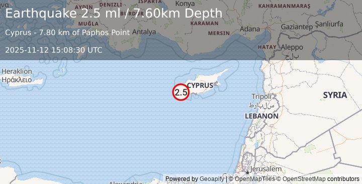 Earthquake CYPRUS REGION (2.5 ml) (2025-11-12 15:08:30 UTC)