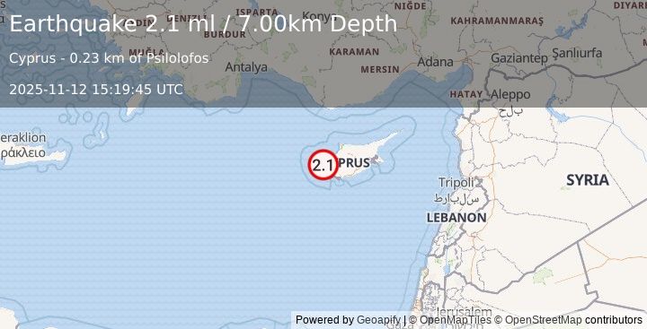 Earthquake CYPRUS REGION (2.1 ml) (2025-11-12 15:19:45 UTC)