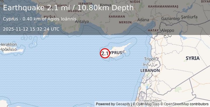 Earthquake CYPRUS REGION (2.1 ml) (2025-11-12 15:32:24 UTC)