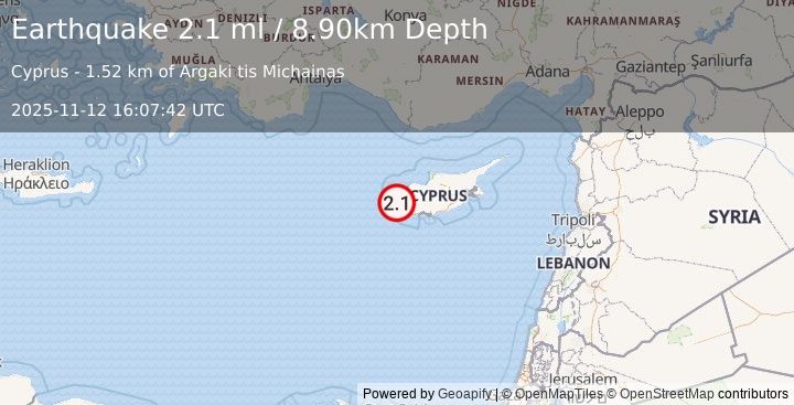 Earthquake CYPRUS REGION (2.1 ml) (2025-11-12 16:07:42 UTC)