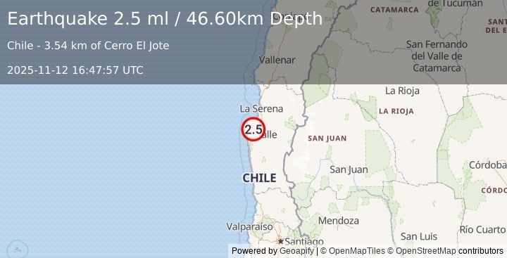 Earthquake COQUIMBO, CHILE (3.0 ml) (2025-11-12 16:48:19 UTC)