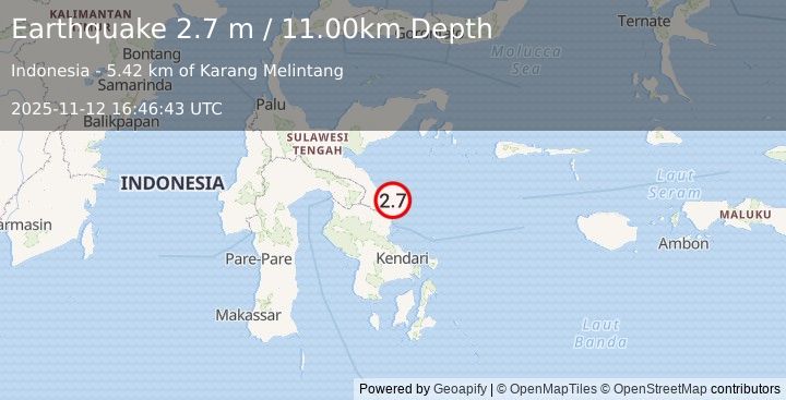 Earthquake SULAWESI, INDONESIA (2.7 m) (2025-11-12 16:46:43 UTC)