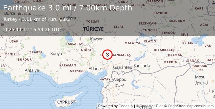 Earthquake CENTRAL TURKEY (3.0 ml) (2025-11-12 16:59:26 UTC)