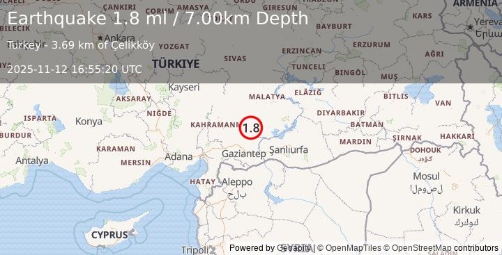 Earthquake CENTRAL TURKEY (1.8 ml) (2025-11-12 16:55:20 UTC)