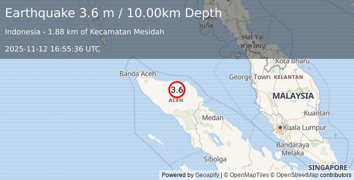 Earthquake NORTHERN SUMATRA, INDONESIA (3.6 m) (2025-11-12 16:55:36 UTC)