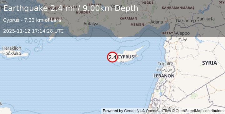 Earthquake CYPRUS REGION (2.4 ml) (2025-11-12 17:14:28 UTC)