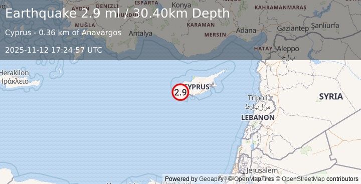 Earthquake CYPRUS REGION (2.9 ml) (2025-11-12 17:24:57 UTC)