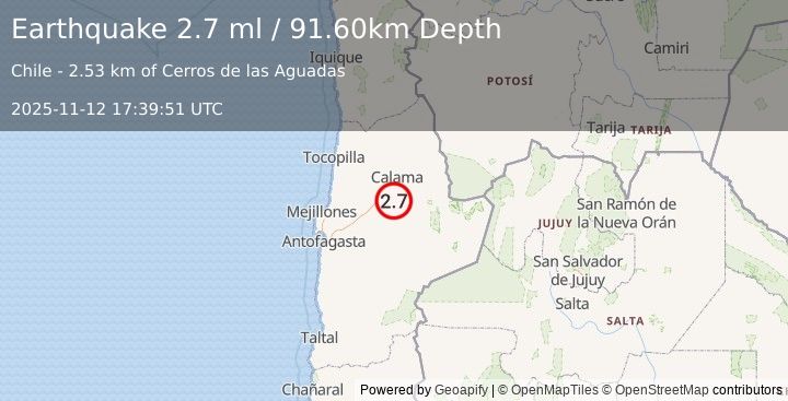Earthquake ANTOFAGASTA, CHILE (2.7 ml) (2025-11-12 17:39:51 UTC)